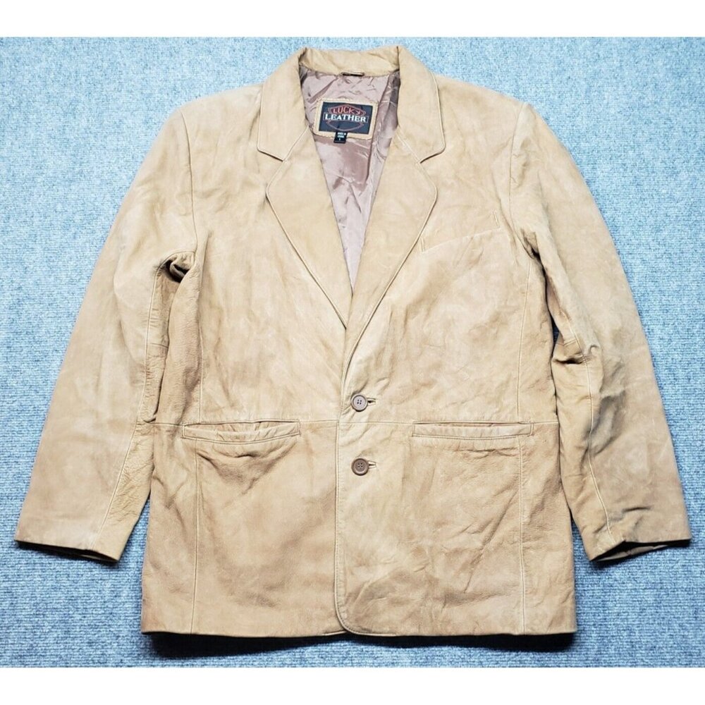 Lucky Leather Blazer Jacket Mens Size L Beige Single Breasted Notch Lapel